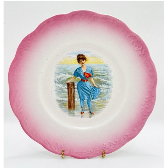 Antique Sevres France Pink And Blue Bathing Beauty Decorative Plate Edwardian - Picture 1 of 9